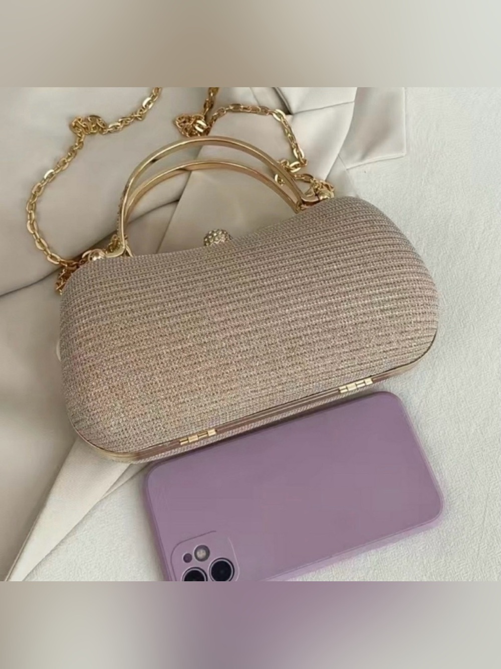 Elegant Glitter Evening Bag in Light Lavender Pink with Gold Hardware - Picture 3 of 10